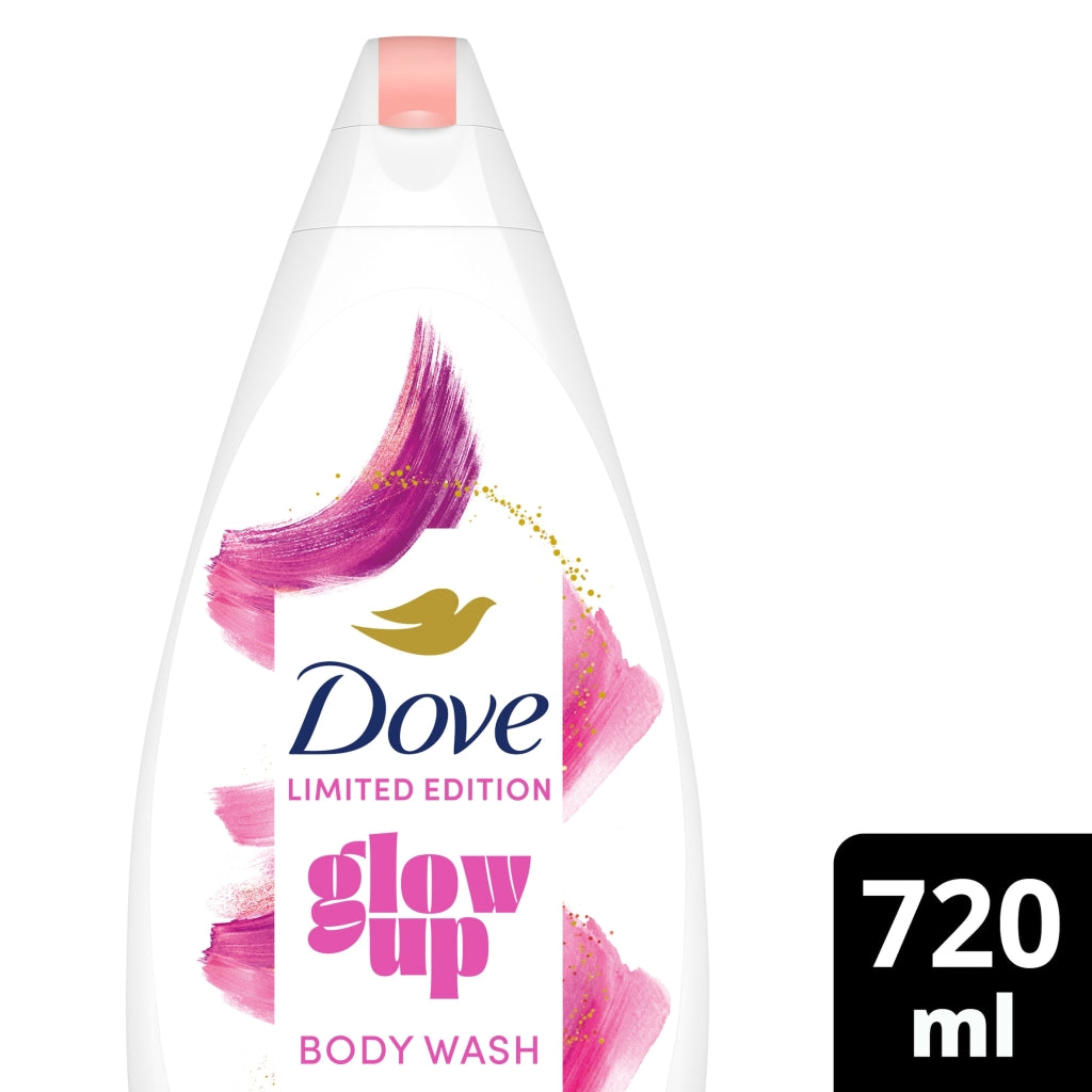 Dove glow up body wash bottle with pink and purple design on a white background