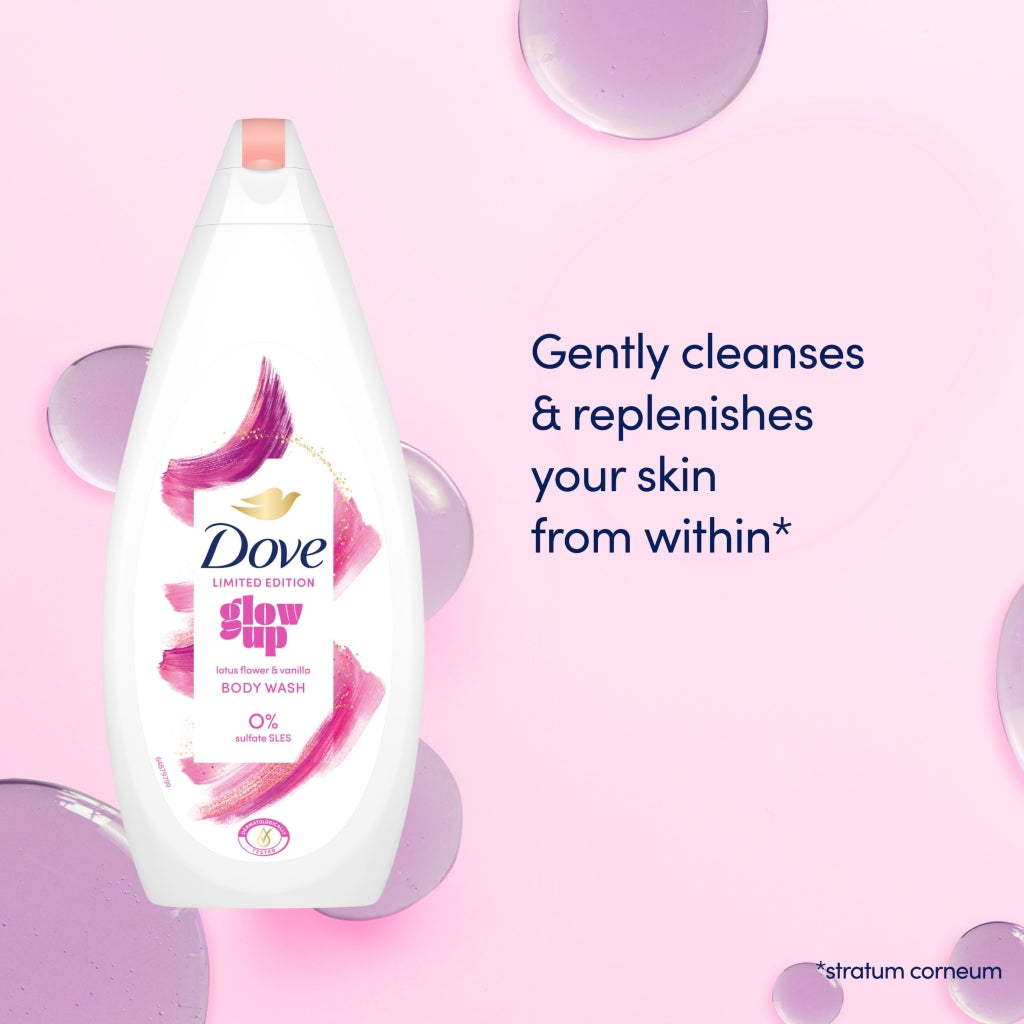 Dove body wash bottle with pink floral design on a pink background