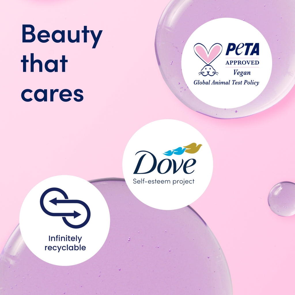 Dove soap with PETA, Dove Self-esteem project, and infinitely recyclable logos on a pink background.