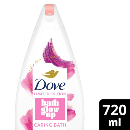Dove bath gel bottle with pink and purple design on a white background