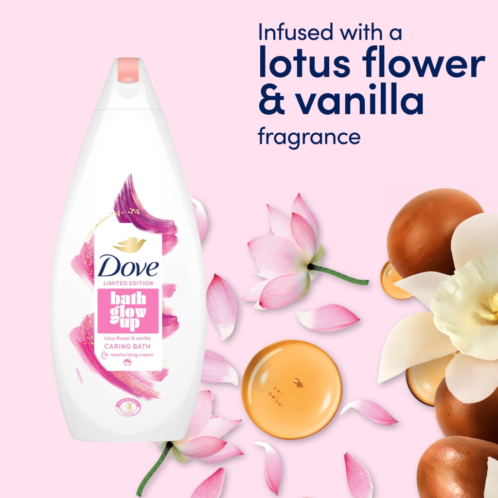 Dove bath product with lotus flowers and vanilla on a pink background