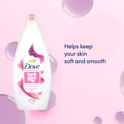 Dove bath product with text on a pink background