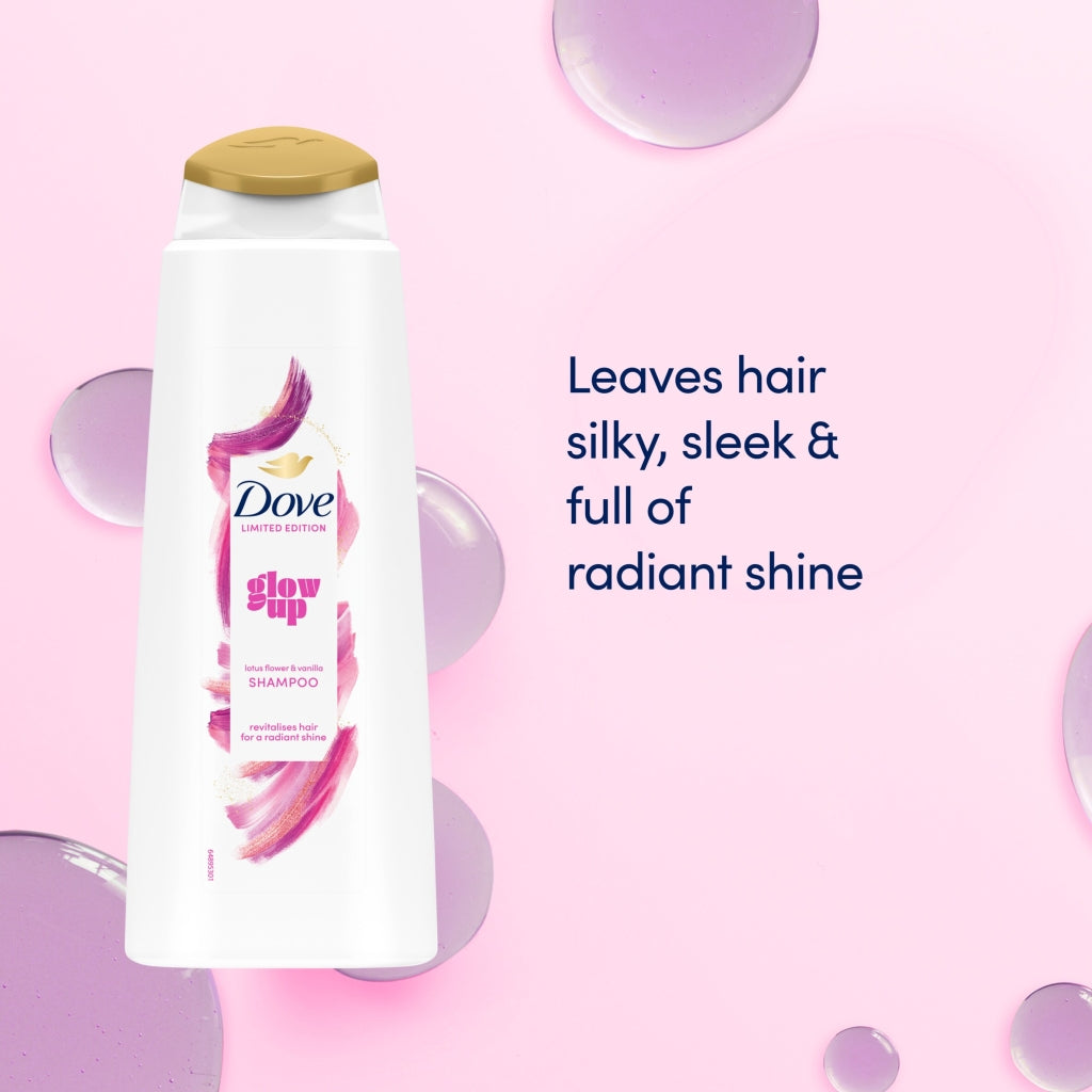 Dove shampoo bottle with pink design on a pink background