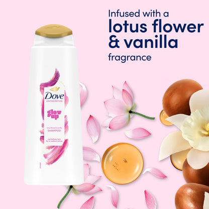 Dove shampoo bottle with lotus flowers and vanilla beans on a pink background