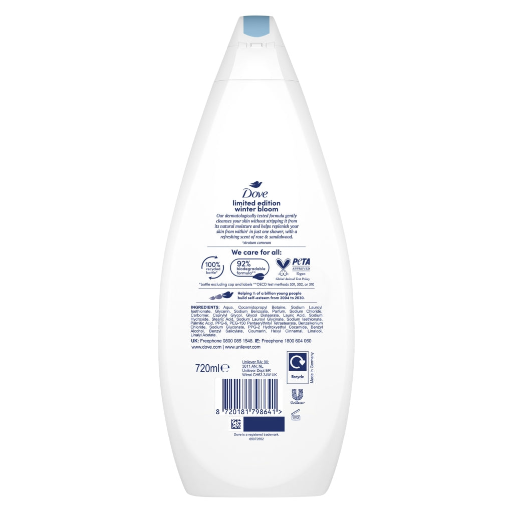 Dove body wash bottle with label on a white background