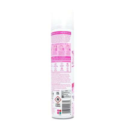 Back view of a spray can with a pink label on a white background
