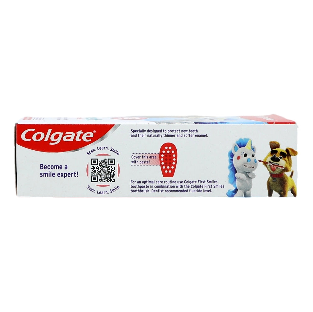 Colgate toothpaste box with cartoon characters on a white background