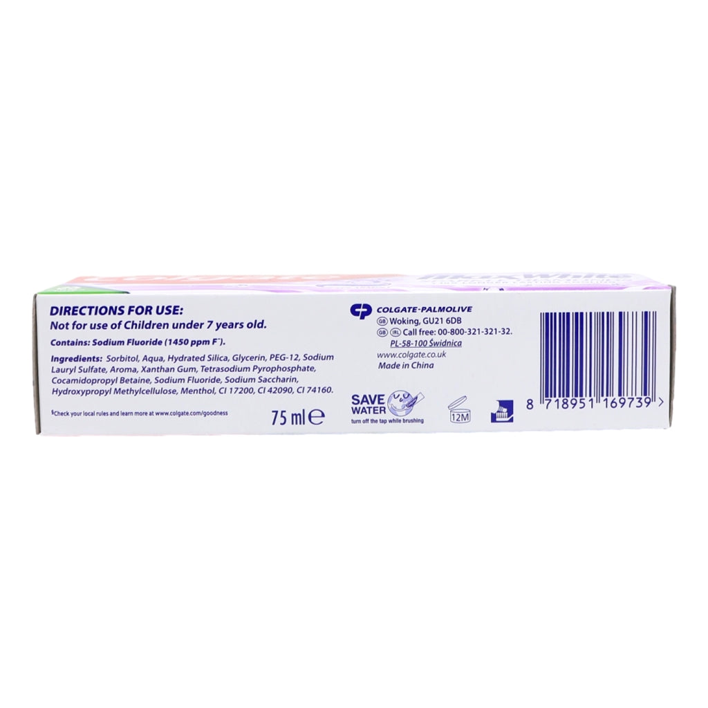 Back of a toothpaste tube with directions for use and product details on a white background