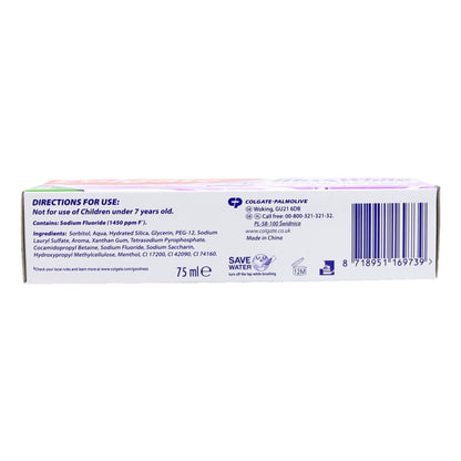 Back of a toothpaste tube with directions for use and product details on a white background