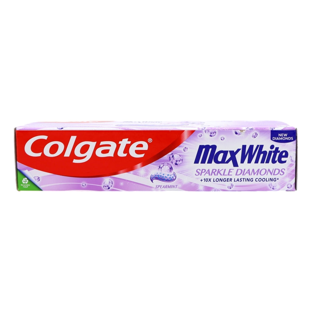 Colgate Max White Sparkle Diamonds toothpaste tube on a white background