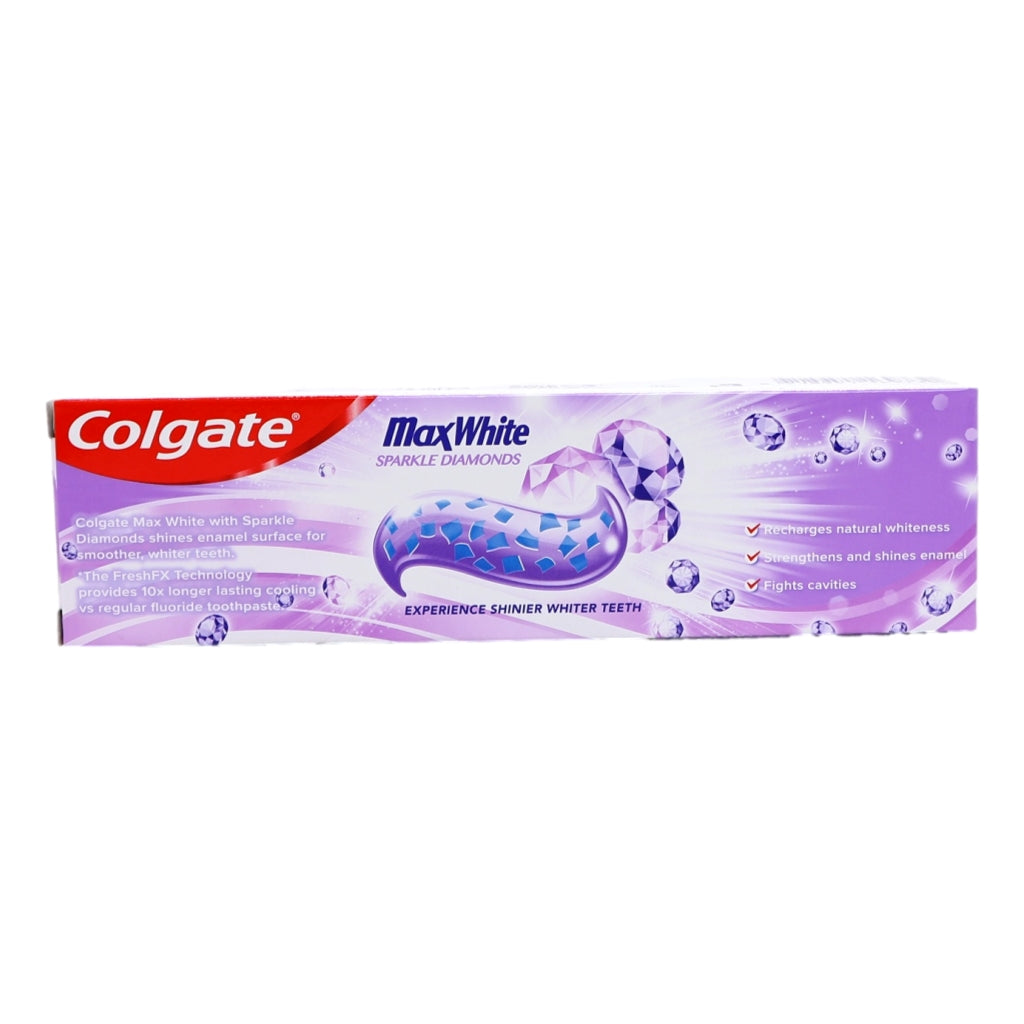 Colgate Max White toothpaste tube on a white background