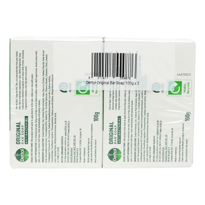 Dettol Original Bar Soap packaging with branding and product details.