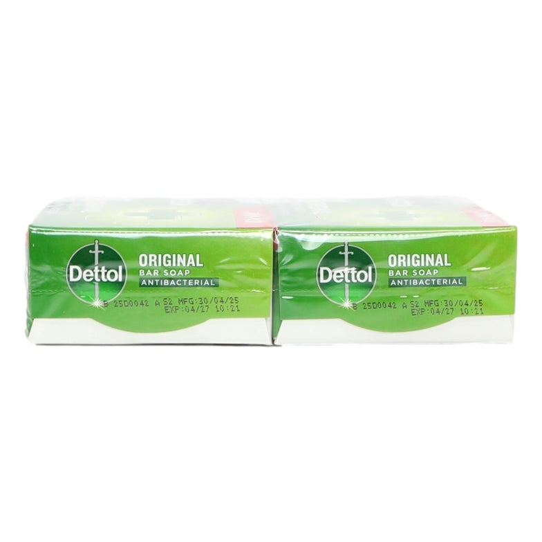 Two Dettol antibacterial bar soaps in packaging on a white background