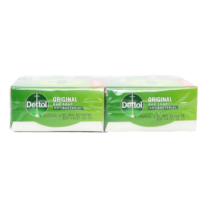Two Dettol antibacterial bar soaps in packaging on a white background