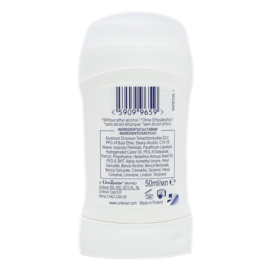 White deodorant stick with a barcode and text on a white background