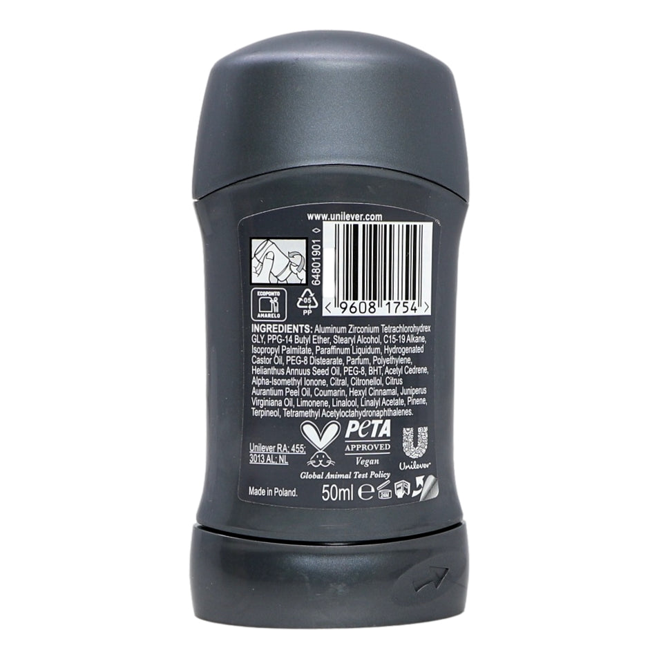 Back view of a deodorant stick with branding and product details on a white background