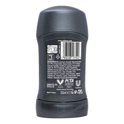 Back view of a deodorant stick with branding and product details on a white background