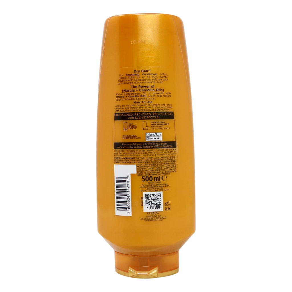Back view of an orange shampoo bottle with text and a barcode on a white background