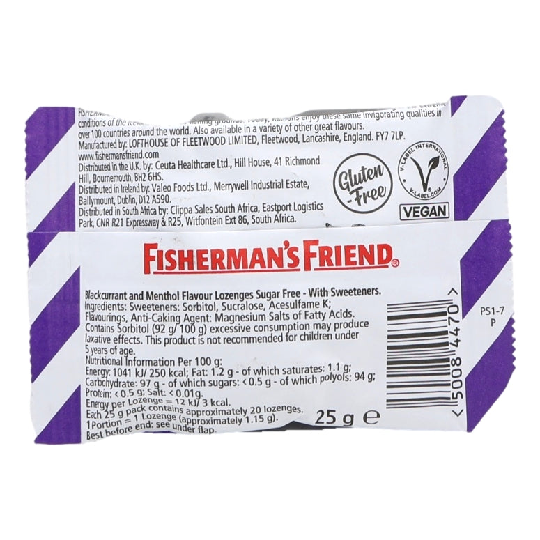 Fisherman's Friend lozenge packaging with purple and white design on a white background