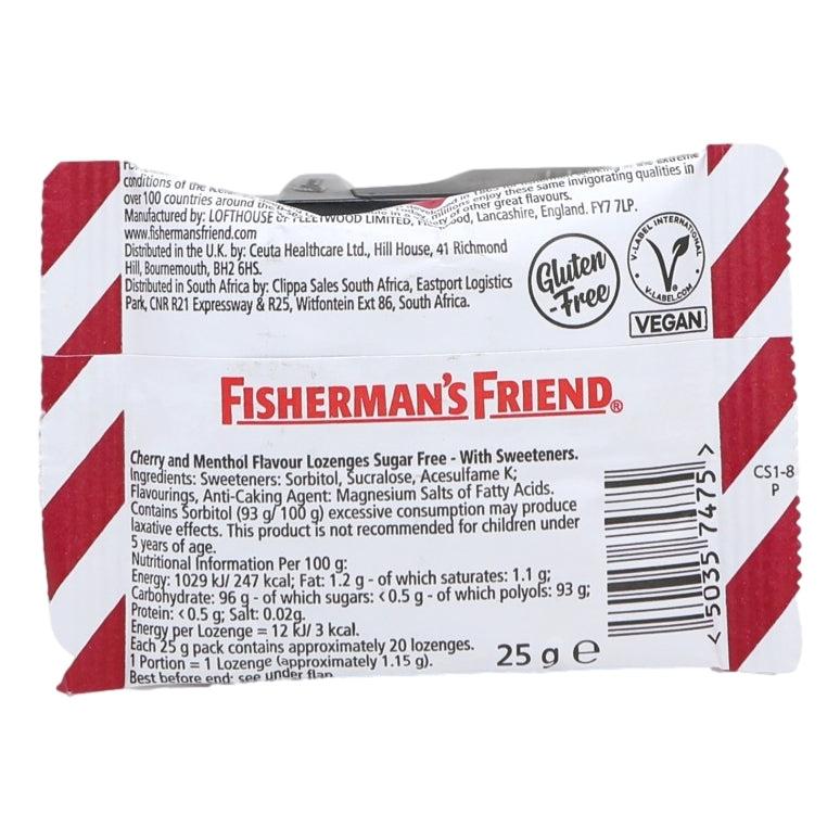 Fisherman's Friend lozenge packaging with red and white design, showing product details and branding.