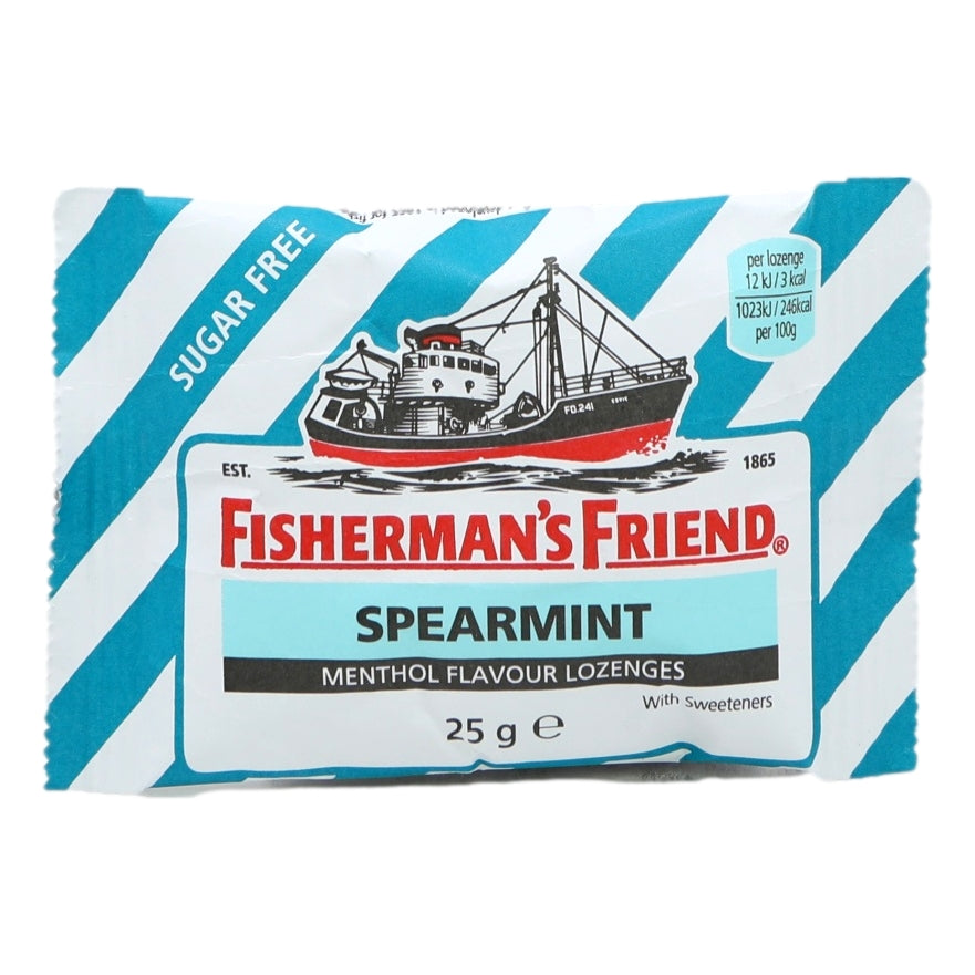 Fisherman's Friend Spearmint lozenges packaging with blue and white striped design.