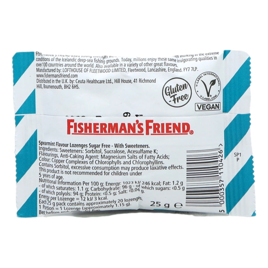 Fisherman's Friend lozenge package with blue and white design on a white background
