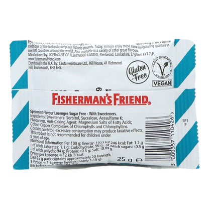 Fisherman's Friend lozenge package with blue and white design on a white background