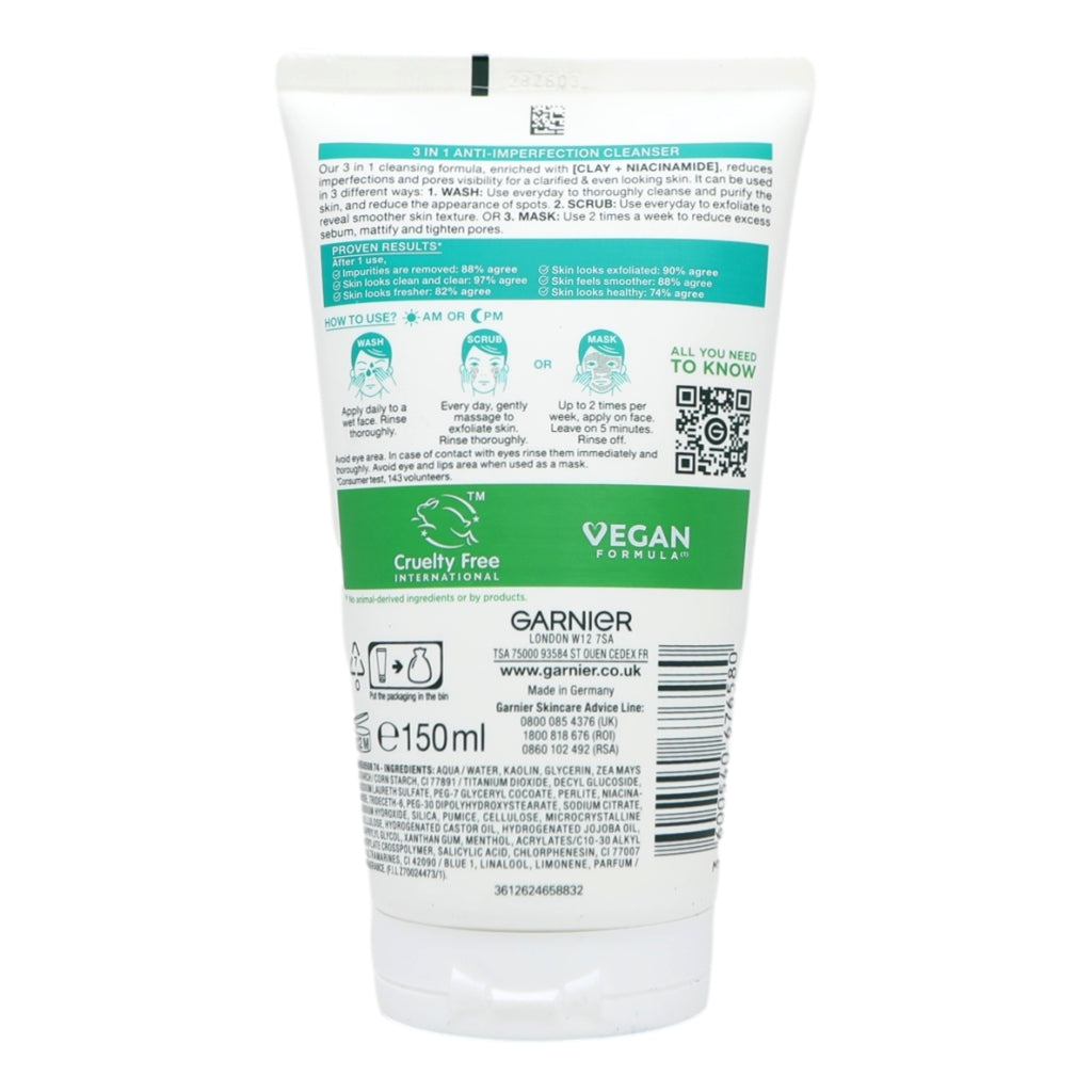 Garnier Pure Active 3in1 150ml Cleansing Wash Tube