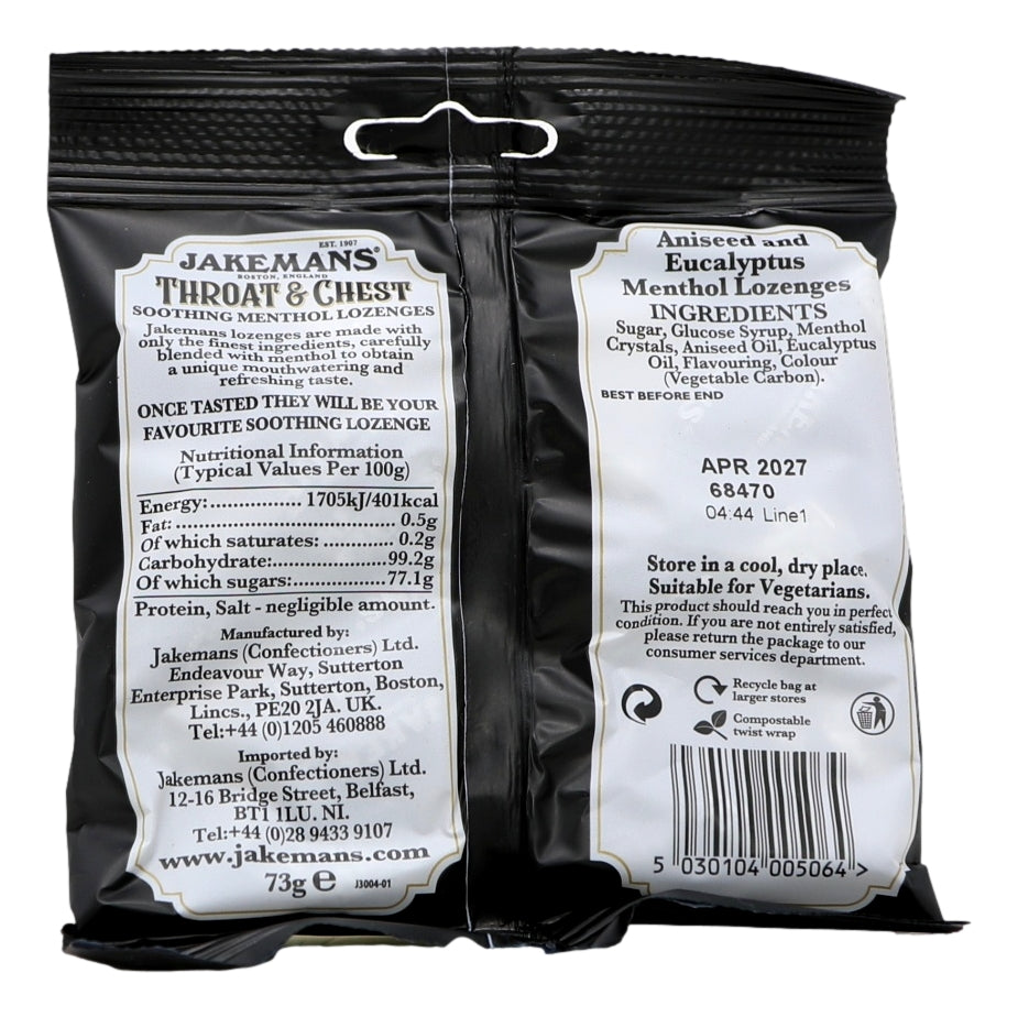 Black packaging of Jakemans throat and chest lozenges with white labels showing text and product details.