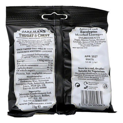 Black packaging of Jakemans throat and chest lozenges with white labels showing text and product details.