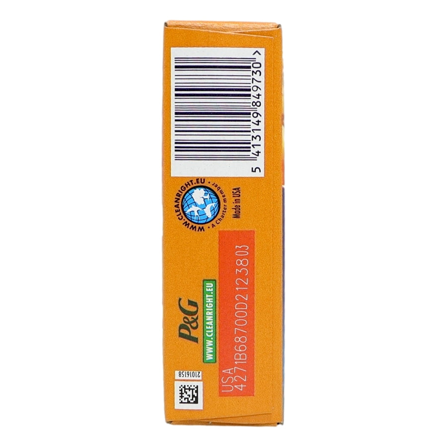 Orange box with P&G logo and barcode on a white background