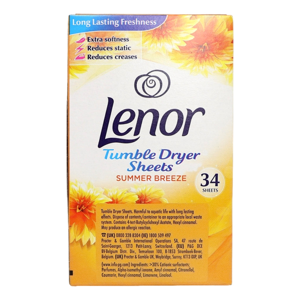 Lenor Tumble Dryer Sheets Summer Breeze packaging with flowers on a white background