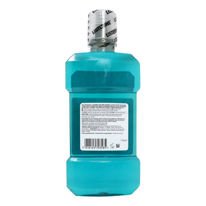Blue bottle of mouthwash with a label on a white background