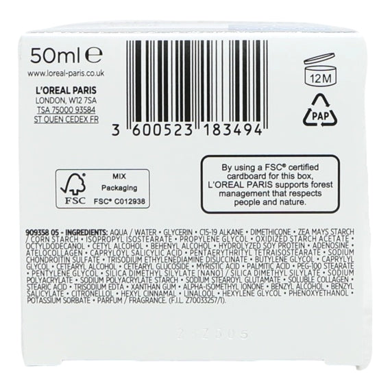 Back of a L'Oreal Paris product packaging with barcode, FSC certification, and ingredient list.