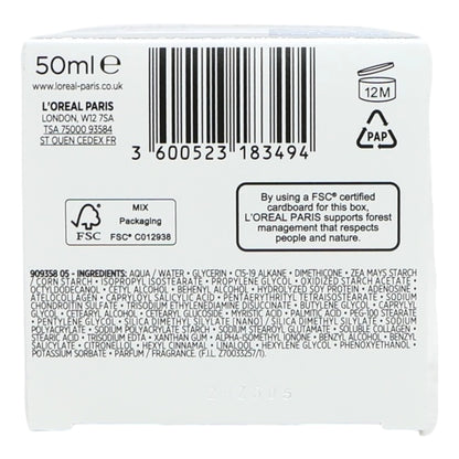 Back of a L'Oreal Paris product packaging with barcode, FSC certification, and ingredient list.