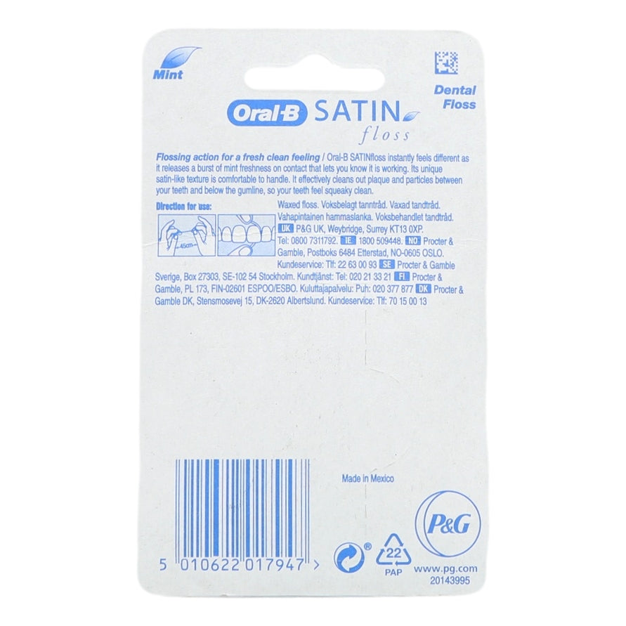 Oral-B Satin Floss packaging with branding and product details on a white background