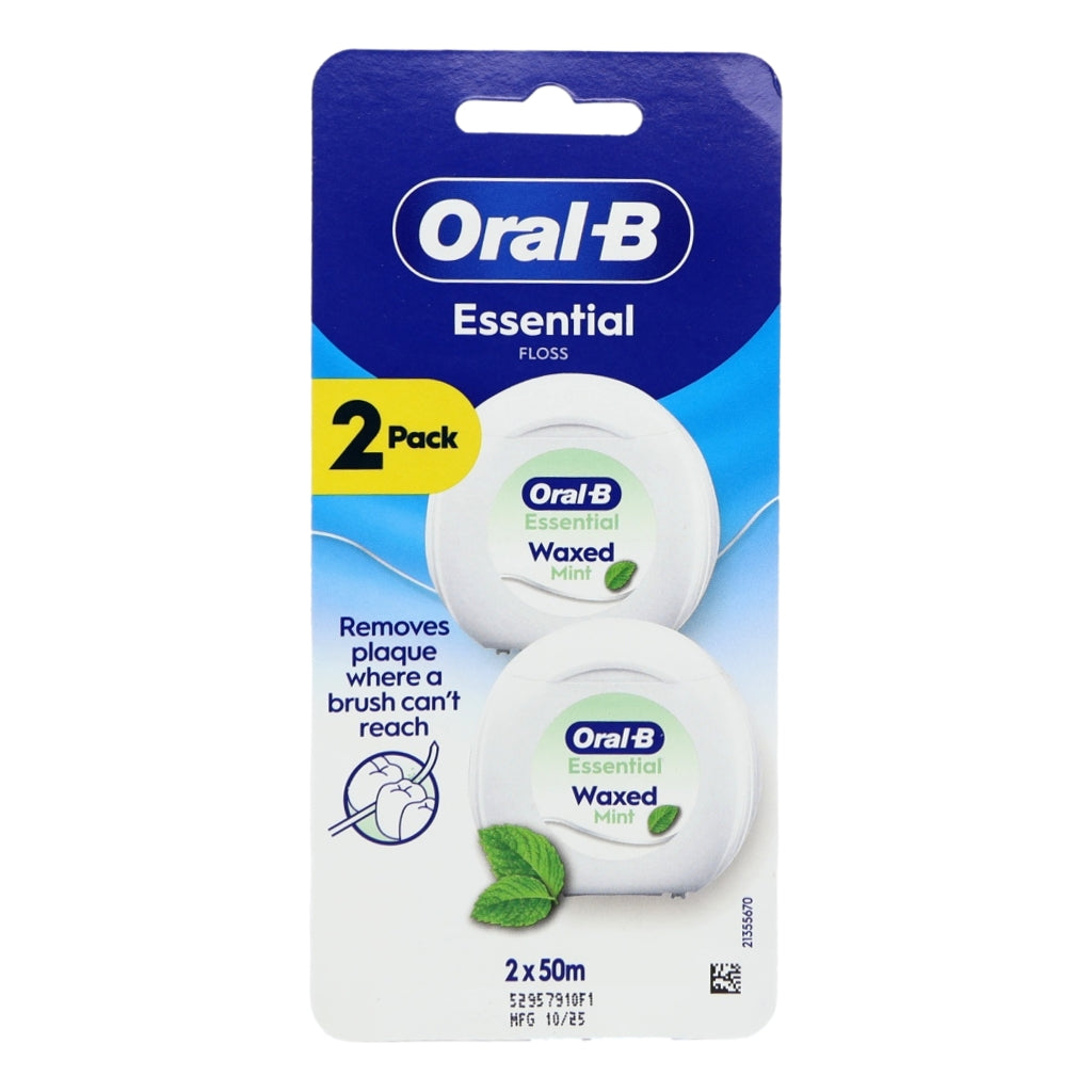 Oral B Dental Floss 2x50m Essential Mint Waxed Twin Pack NEW