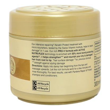 Back view of a beige hair care product jar with text and recycling symbols on a white background