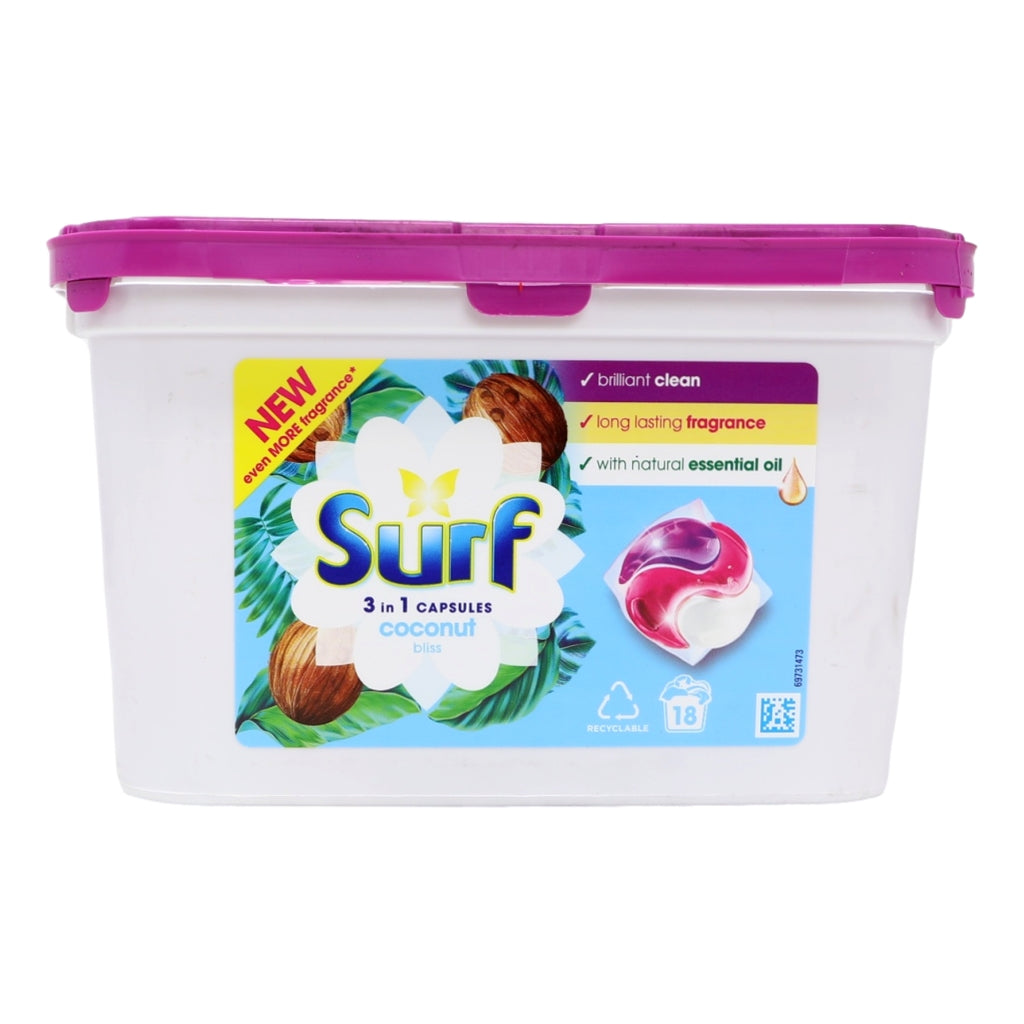 Surf laundry detergent capsules container with purple lid on a white background
