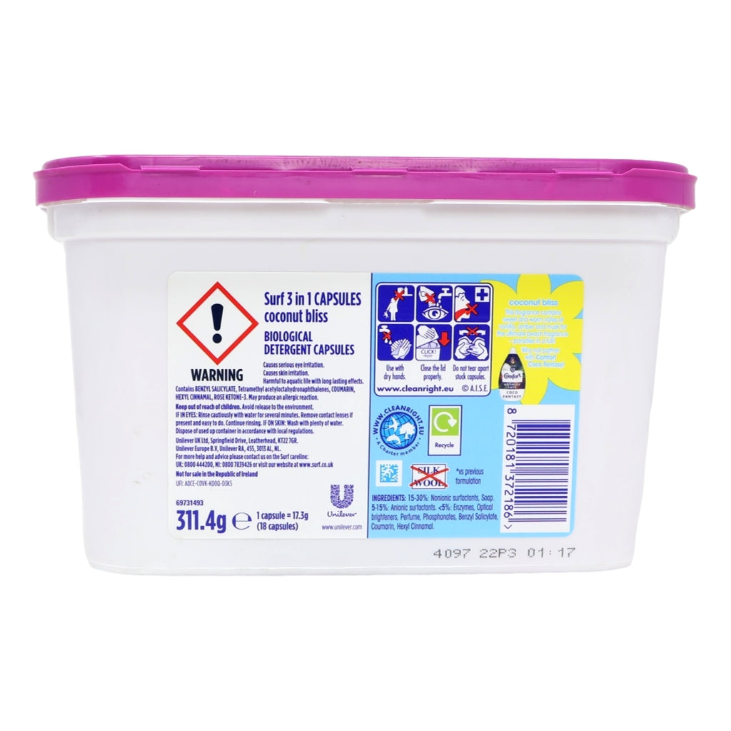 Container of Surf 3 in 1 Capsules with a purple lid on a white background