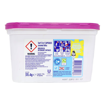 Container of Surf 3 in 1 Capsules with a purple lid on a white background
