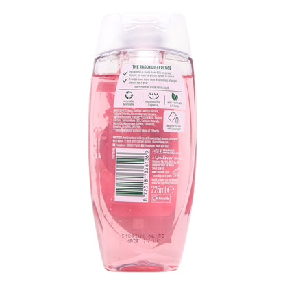 Back view of a pink bottle with text and a barcode on a white background