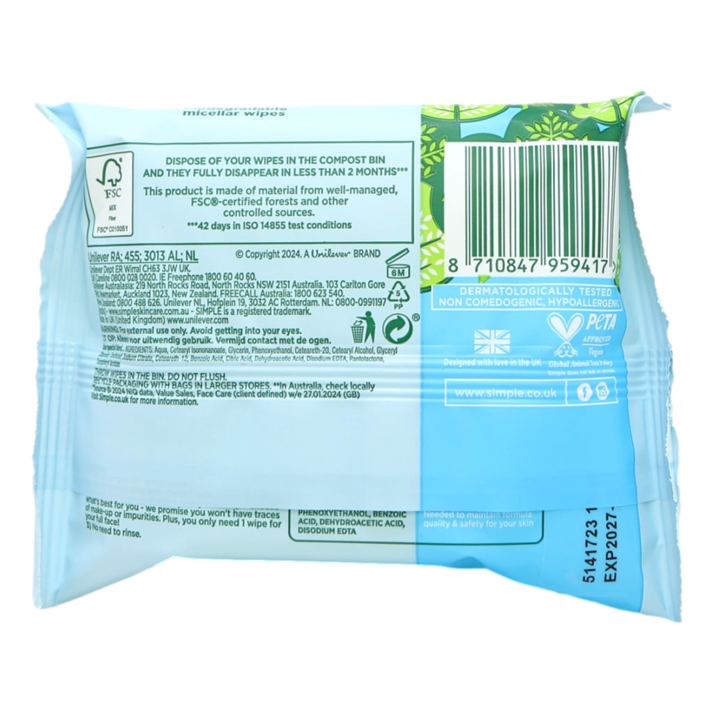Simple Micellar Bio Wipes 20s Water Boost
