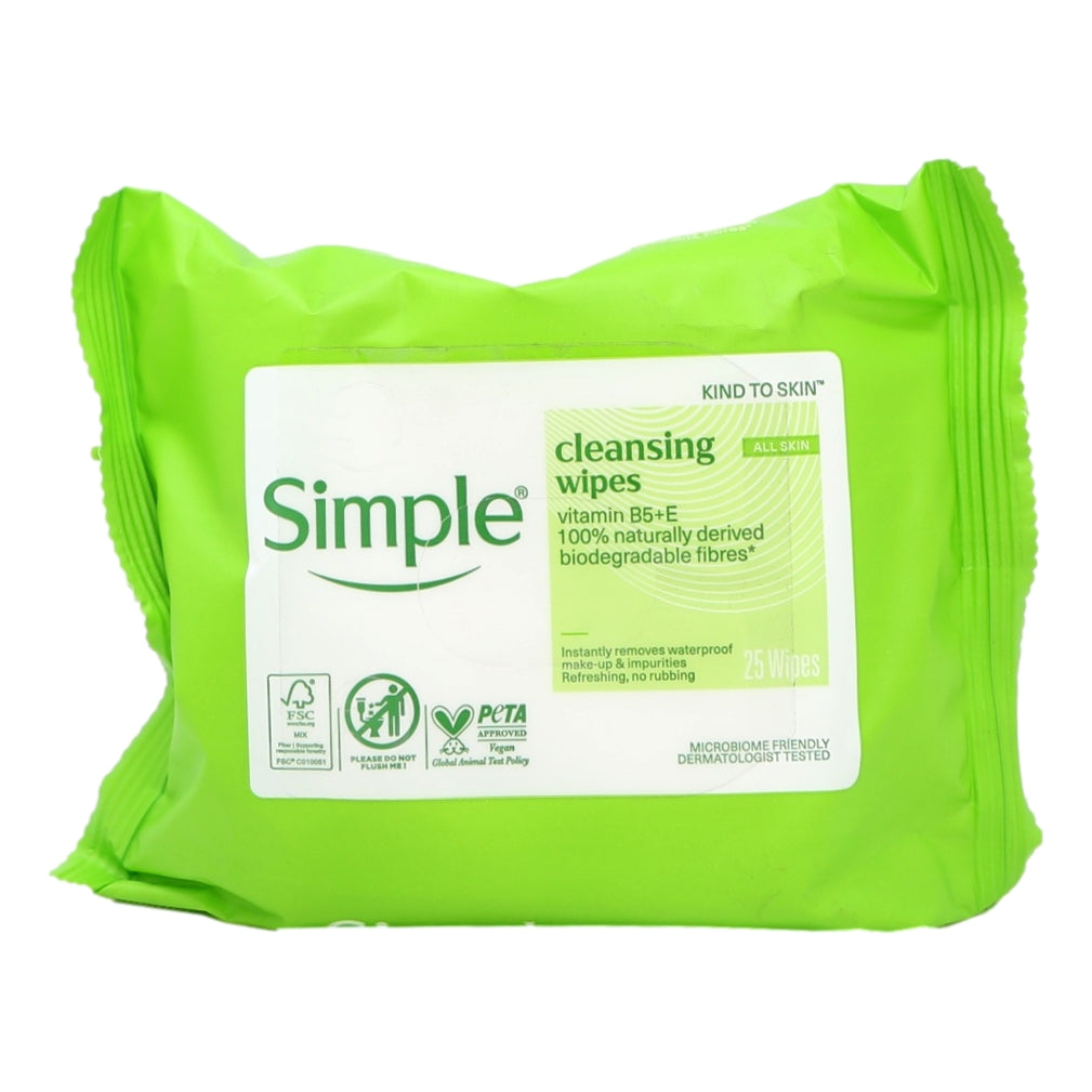 Simple Face Wipes 25s Cleansing Biodegradable Pack
