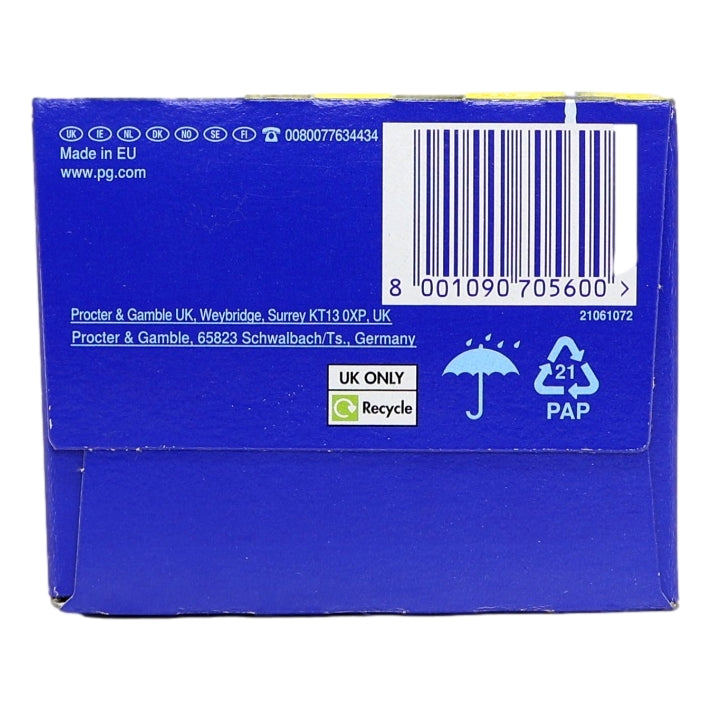 Back of a blue Procter & Gamble product box with branding, recycling information, and bar code.