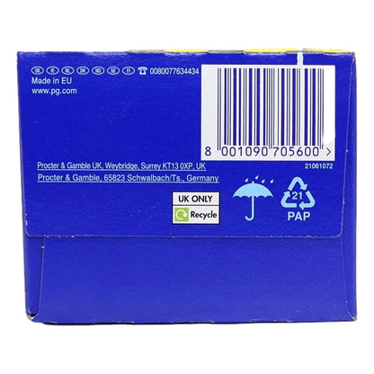 Back of a blue Procter & Gamble product box with branding, recycling information, and bar code.