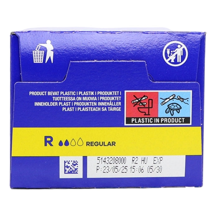 Blue packaging with text and symbols indicating product details and recycling information.