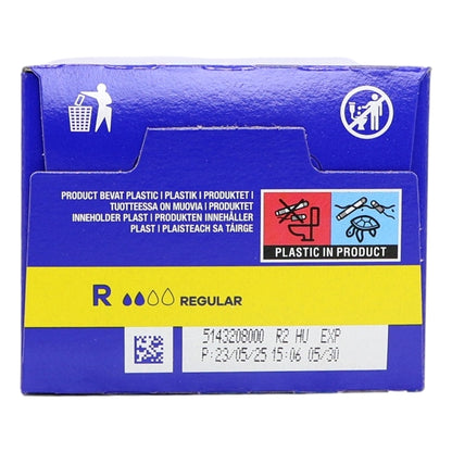 Blue packaging with text and symbols indicating product details and recycling information.