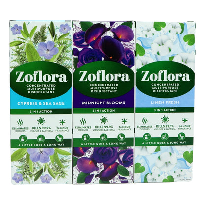 Zoflora Assorted Disinfectant 120ml Linen Fresh, Midnight Blooms, Cypress & Sea Sage