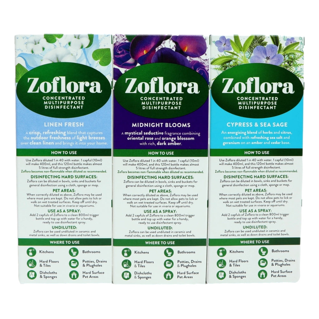 Zoflora Assorted Disinfectant 120ml Linen Fresh, Midnight Blooms, Cypress & Sea Sage